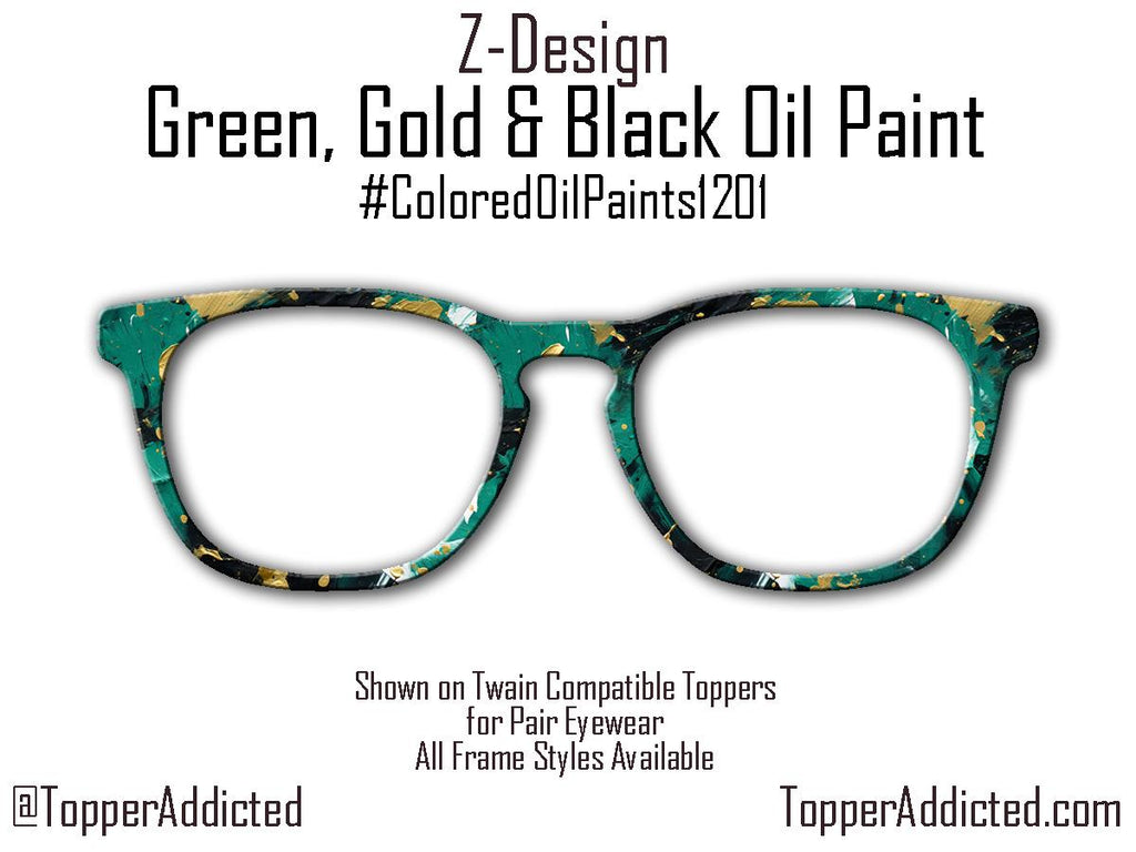 Artistic Green Gold and Black Oil Paint Print Metal Magnetic Topper for Pair Eyewear glasses. Fast Shipping and great quality.