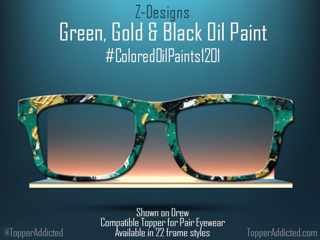Artistic Green Gold and Black Oil Paint Print Metal Magnetic Topper for Pair Eyewear glasses. Fast Shipping and great quality.