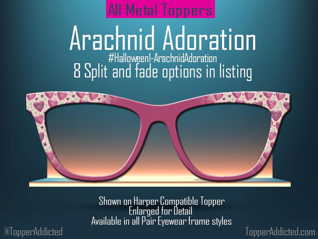 Metal Magnetic Topper for Pair Eyewear. perfect for Halloween. with Pink hearts with spiderwebs and cute decorations for an alt Halloween, goth or even Valentines Day look