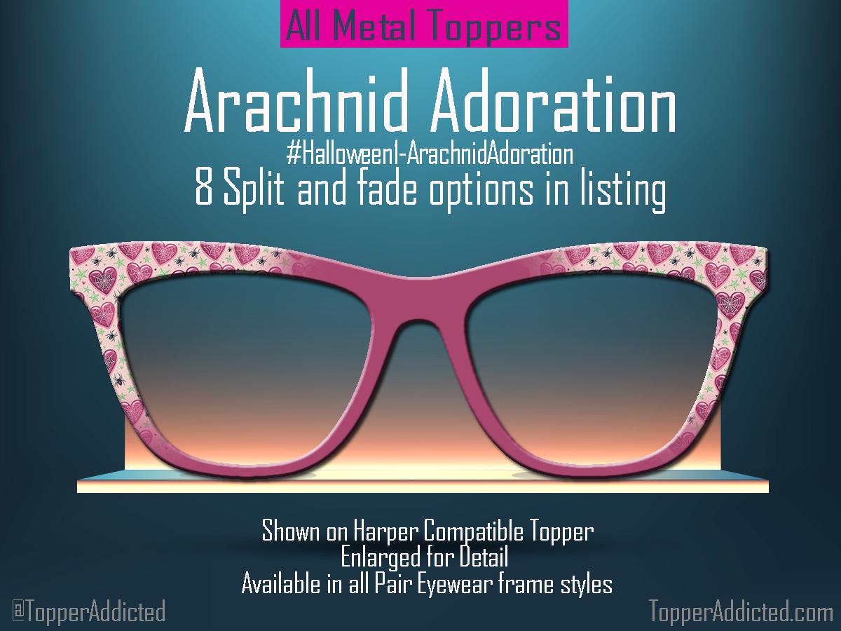 Metal Magnetic Topper for Pair Eyewear. perfect for Halloween. with Pink hearts with spiderwebs and cute decorations for an alt Halloween, goth or even Valentines Day look