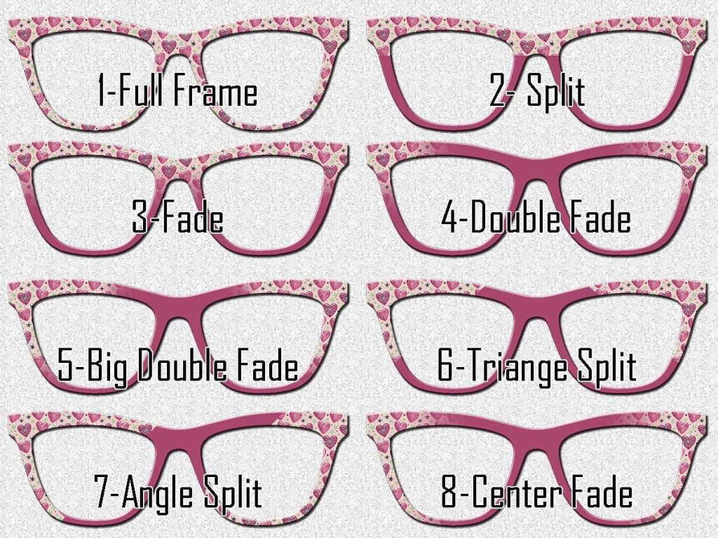 Eight different splits and fades for metal magnetic pair eyewear toppers. These have a Halloween design with pink hearts and pink accents. The hearts have spiderwebs and are surrounded and decorated with tiny little spiders for an alternate look for cute Halloween.