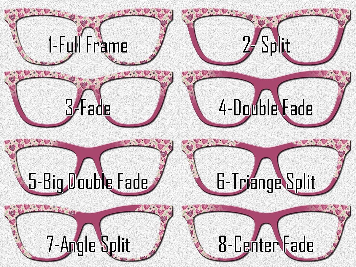 Eight different splits and fades for metal magnetic pair eyewear toppers. These have a Halloween design with pink hearts and pink accents. The hearts have spiderwebs and are surrounded and decorated with tiny little spiders for an alternate look for cute Halloween.